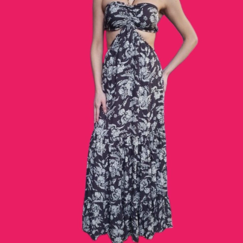NWT Lulu's Island Aura Black Print Cutout Halter Maxi Dress